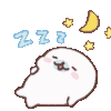 A small white seal sleeping peacefully with blue zzz text and yellow moon and stars above its head.