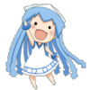 Chibi anime girl with long blue hair and a white dress waving her hand excitedly.