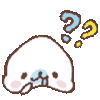 A cute white blob creature with pink cheeks and blue markings looking confused with floating yellow and blue question marks …