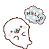 A cute white seal with pink cheeks waving hello with a blue speech bubble above its head.