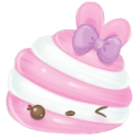 A pink and white swirled dessert with bunny ears and a purple bow winking one eye.