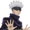 Anime character with white hair and a black blindfold holding both hands up in a dismissive gesture.