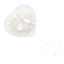 A white heart-shaped key with fluffy trim on a dark brown background.