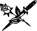 Rose and knife crossed in a black and white line-art style.