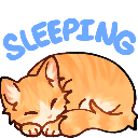 An orange tabby cat curled into a ball with eyes closed, sleeping peacefully against a blue background.