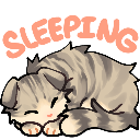 A gray tabby kitten curled up and sleeping peacefully with a small pink speech bubble above it.