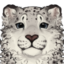 A snow leopard cub with large, dark eyes looking directly forward with an intense, unblinking expression.