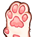 A close-up of a white animal paw with pink pads reaching upwards.