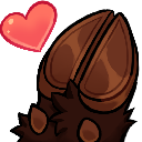 A brown, furry animal hoof next to a pink heart on a red background.