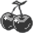 Two cherries connected by a stem, rendered in a dark gray pixel art style with white highlights.