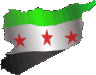 Syria map shape with a waving green, white, and black flag design with three red stars.