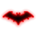 A glowing red bat-shaped silhouette centered on a black background.