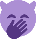 A purple, horned creature covering its mouth with its hand while giggling.