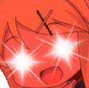 Anime girl face with glowing white laser eyes and a red-tinted, deep-fried aesthetic.