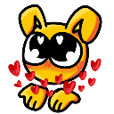 A yellow creature with large eyes containing white hearts, surrounded by many small red hearts.