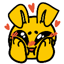 A yellow creature with long ears happily squishing its cheeks with both hands surrounded by small red shapes.