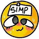 A yellow smiley face with a white sign on its forehead that says SIMP, featuring wide, dazed eyes and blushing cheeks.