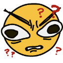 A yellow face with crossed eyes and a grimace, surrounded by red question marks.