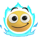 A yellow smiley face with a wide grin surrounded by a bright, flickering blue energy aura.