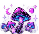 A cluster of glowing purple and blue mushrooms under a starry night sky with a crescent moon.