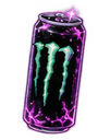 An energy drink can glowing with purple and green neon light.