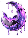 A glowing purple crescent moon filled with stars and silhouettes of bats.