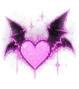 A sparkling pink heart with black bat wings extending from its sides.