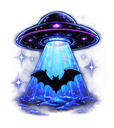 A dark silhouette of a bat being lifted into a glowing blue UFO beam.