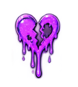 A purple heart with a jagged crack down the middle, melting into liquid drips.