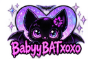 A small black bat with large purple eyes and a flower on its head peeking over a glowing purple heart with the text BabyyB...
