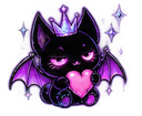 A black cat with bat wings and a small crown holding a pink heart with a smug expression.