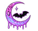 Crescent moon with a dripping effect and a black bat silhouette in the center.
