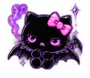 A black cat with bat wings and a pink bow surrounded by purple smoke.