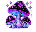 Three glowing mushrooms with purple and blue neon highlights against a dark background filled with sparkling stars.