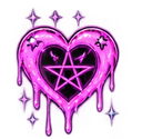 A pink heart with a black pentagram inside, dripping liquid with sparkling stars around it.