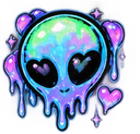 Alien head with heart-shaped eyes melting into a puddle of iridescent liquid.