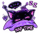 A black cat with bat ears and wings lying in a purple starry blanket with the text NAP TIME and Zzz symbols above it.