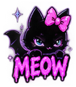 A black cat with bat wings and a pink bow, with the word MEOW in dripping pink text below it.