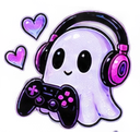 A cute white ghost wearing pink headphones and holding a game controller with floating purple and pink hearts around it.