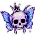 A human skull wearing a small crown with large, vibrant purple and blue butterfly wings attached to the sides.