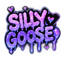 Silly Goose text in a purple dripping font with small hearts and sparkles.