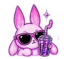 A cute pink rabbit wearing dark sunglasses holds a glowing purple drink with a star icon above it.