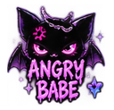 A black cat with bat wings and glowing pink eyes looking angry with the text Angry Babe written below it.
