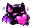 A black cat with purple bat wings holding a glowing pink heart with a happy expression.