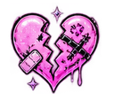 A bright pink heart split in two, held together by bandages and black stitches with glittery highlights.