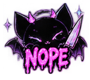 A black cat with bat wings and pink horns holding a knife with the text NOPE written in dripping pink letters below it.