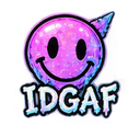 Smiley face with a purple galaxy pattern and icy white text underneath.