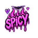 Text reading SPICY in a dripping, neon pink font surrounded by flames and small hearts.