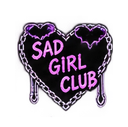A pixel art heart shape outlined in silver chains with the text Sad Girl Club in purple letters inside.