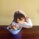 Anime girl with brown hair resting her chin on her hands while looking at a bowl of food.